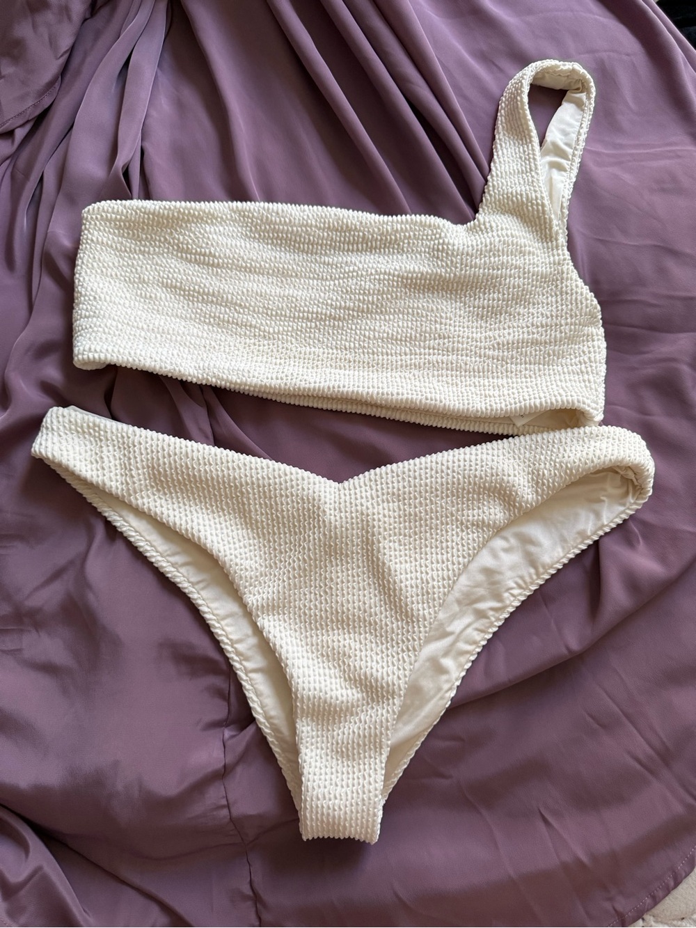 We wore what brand Size L Spongie/Seersucker Cream One-Shoulder  Bikini Set